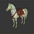 White Horse With Brown Saddle And Leather Reins Standing On Reflective Surface