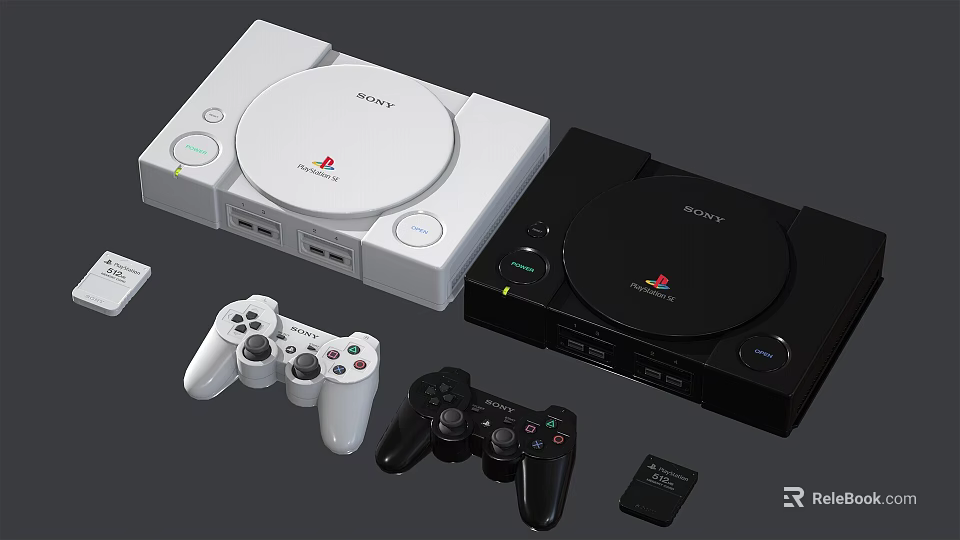Sony PlayStation Entertainment Consoles with White and Black Design and Wireless Game Controllers 3d model 
