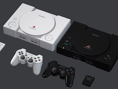 Sony PlayStation Entertainment Consoles with White and Black Design and Wireless Game Controllers 3d model