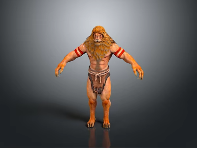 3D Character Model With Lion Head Furry Mane Red Stripes Claws And Leather Loincloth 3d model