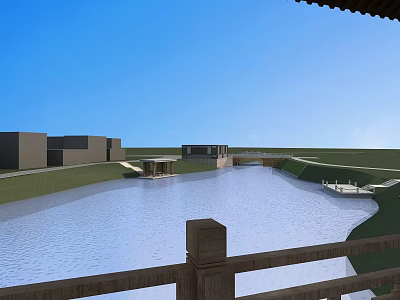 Serene Garden Landscape With Lake Green Lawn Modern Buildings Bridge And Railing 3d model