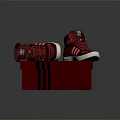 Adidas Red High Top Shoes with Red Laces on Red Shoe Box with Black Stripes