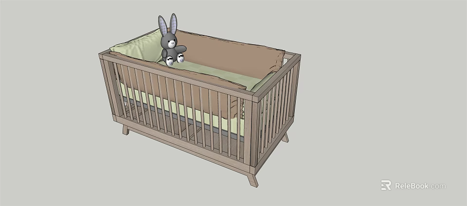 Natural Wooden Baby Crib with Light Green Mattress Brown Sheet and Grey Rabbit Toy 3d model 