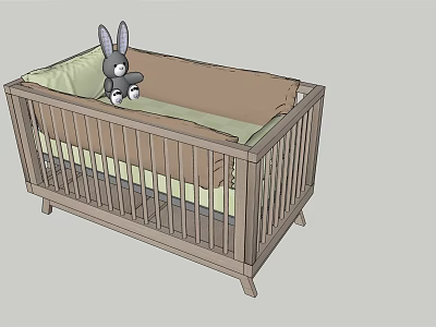 Natural Wooden Baby Crib with Light Green Mattress Brown Sheet and Grey Rabbit Toy 3d model