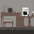 Modern Wooden Dressing Table With Drawers Stool Mirror Lamp And Artwork