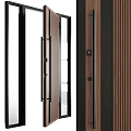 Modern Entrance Door With Wooden Texture Glass Panels And Black Metal Frame
