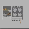 Gray Kitchenware Storage Shelves With White Dishes Hanging Mugs Jars And Wooden Spoon