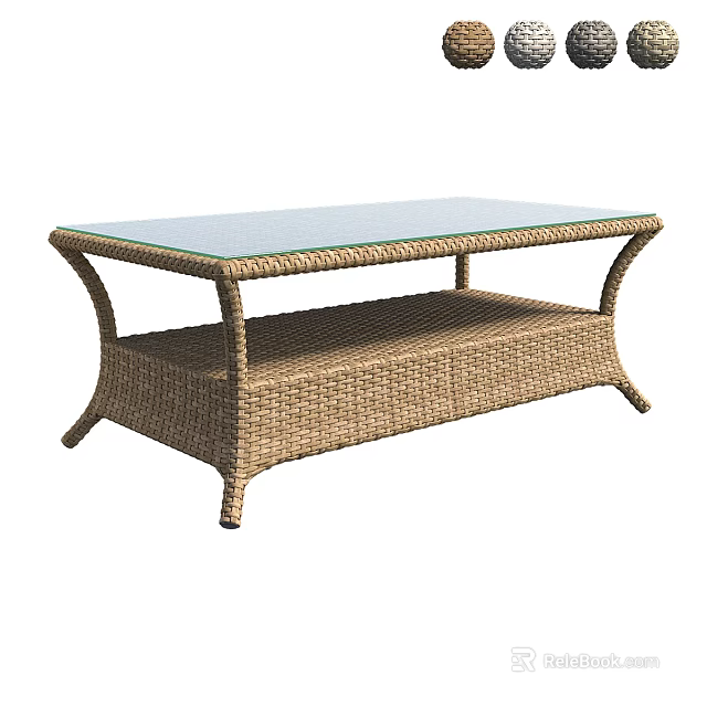 Rattan Coffee Table With Glass Top Curved Legs And Lower Shelf Design 3d model 