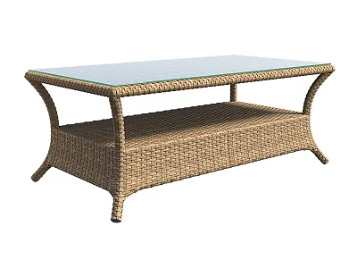Rattan Coffee Table With Glass Top Curved Legs And Lower Shelf Design 3d model
