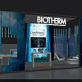 BIOTHERM Store Display Featuring Blue Background Large Bottle And Product Shelves