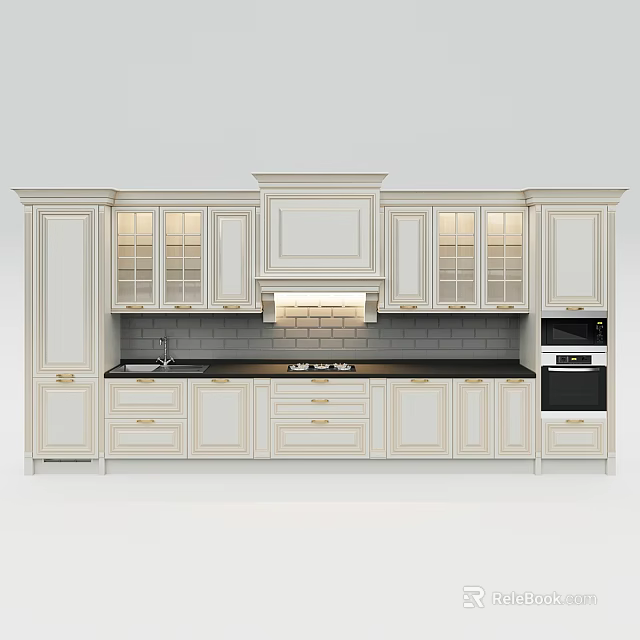Elegant White Kitchen Cabinets With Glass Door Drawers And Black Countertop 3d model 