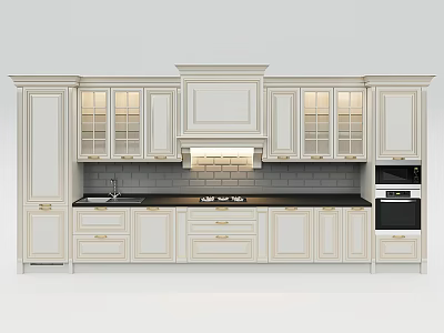 Elegant White Kitchen Cabinets With Glass Door Drawers And Black Countertop 3d model