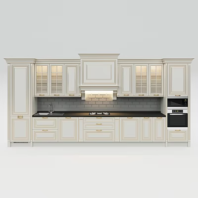 Elegant White Kitchen Cabinets With Glass Door Drawers And Black Countertop 3d model