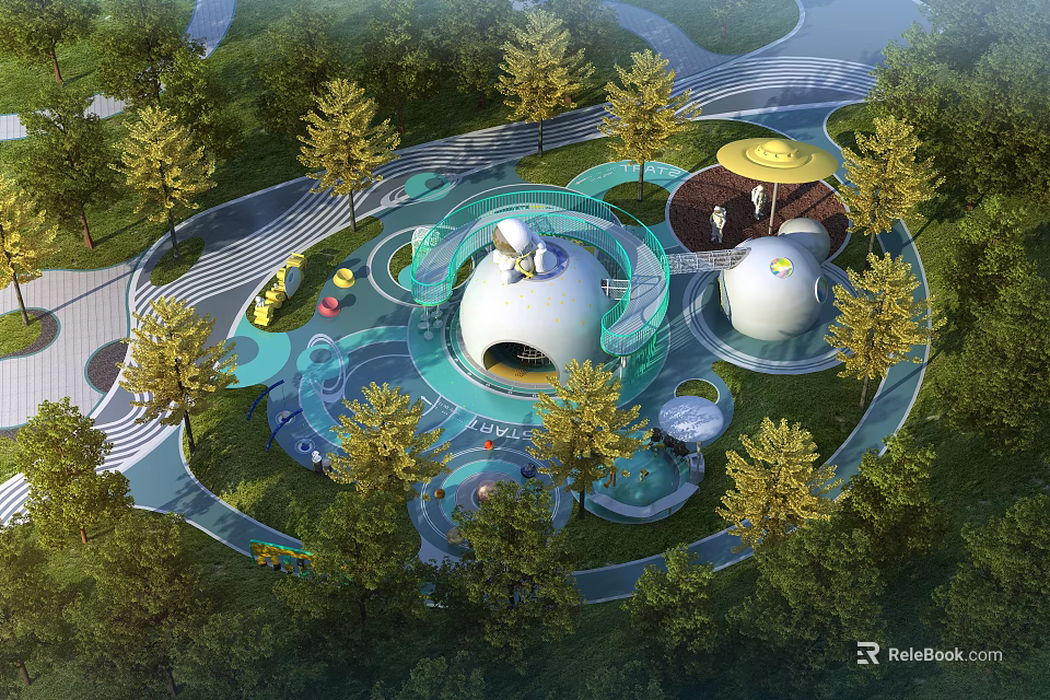 Outdoor Kids Play Area With Dome Shaped Structures Interactive Elements Blue Pathways And Greenery 3d model