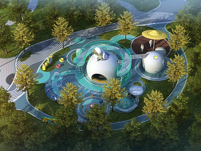 Outdoor Kids Play Area With Dome Shaped Structures Interactive Elements Blue Pathways And Greenery 3d model