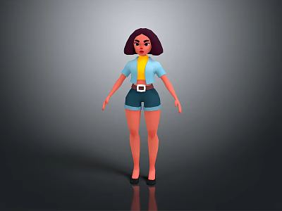 Child 3D Character with Purple Hair Yellow Shirt Blue Shorts and Black Shoes 3d model