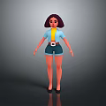 Child 3D Character with Purple Hair Yellow Shirt Blue Shorts and Black Shoes