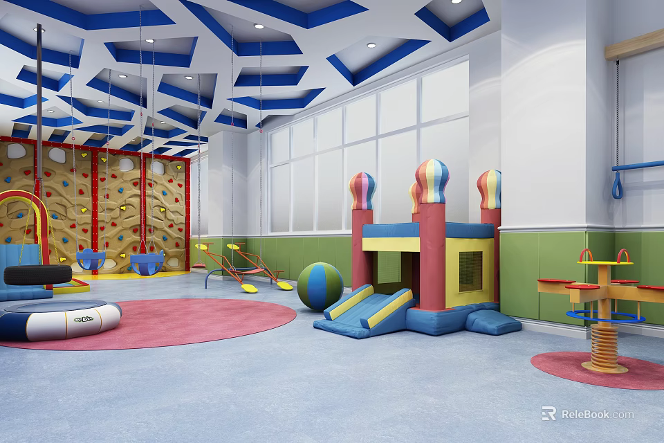 Kindergarten Indoor Play Area With Climbing Wall Inflatable Castle Slide And Colorful Carpet 3d model 