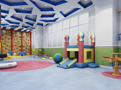 Kindergarten Indoor Play Area With Climbing Wall Inflatable Castle Slide And Colorful Carpet 3d model