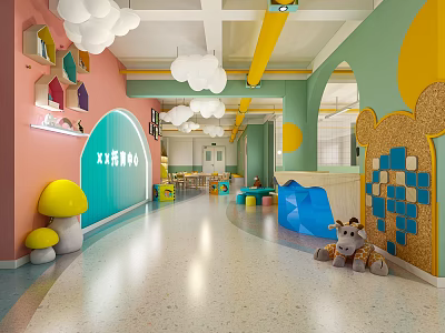 Colorful Kindergarten Corridor With Cloud Shaped Pendant Lights Mushroom Decorations Blue Seats And Stuffed Toys 3d model