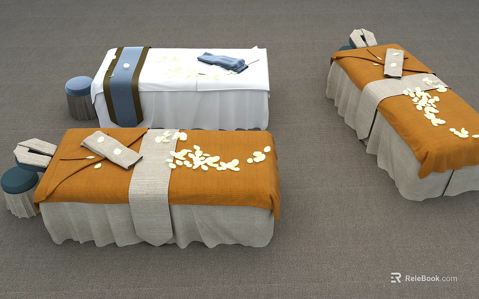 Comfortable Massage Beds With Orange White Linen Covers Small Stool And Scattered Leaves 3d model 