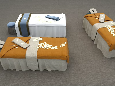 Comfortable Massage Beds With Orange White Linen Covers Small Stool And Scattered Leaves 3d model