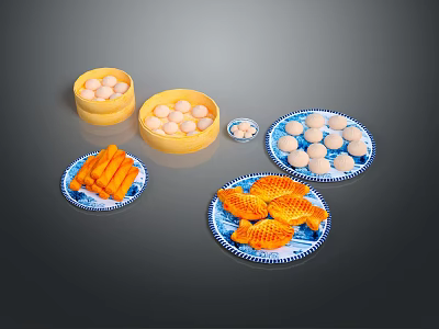 Traditional Chinese Pastries And Snacks With Bamboo Steamers Fish Shaped Treats And Dumplings 3d model