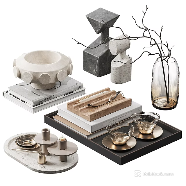 Modern Minimalist Decorative Ornament Set With Marble Geometric Pieces Glass Vase And Tray 3d model 