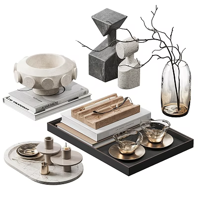 Modern Minimalist Decorative Ornament Set With Marble Geometric Pieces Glass Vase And Tray 3d model