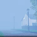Scenic Evening Landscape With White House Wooden Fence Street Lamps Wet Ground And Foggy Atmosphere