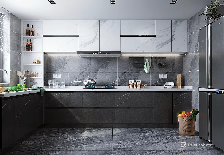 Modern Clean Kitchen Interior With Gray Cabinets Marble Countertops And Appliances 3d model 