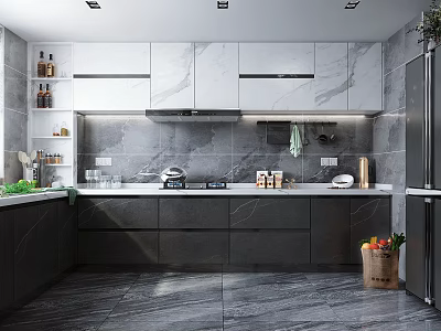 Modern Clean Kitchen Interior With Gray Cabinets Marble Countertops And Appliances 3d model