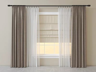 Modern Home Window Curtains With Brown Drapes And White Sheer Layers 3d model