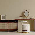 Wooden Dressing Table With Woven Doors Round Gold Frame Mirror And Marble Stool In Interior