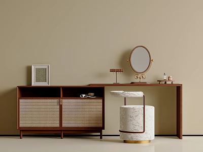 Wooden Dressing Table With Woven Doors Round Gold Frame Mirror And Marble Stool In Interior 3d model