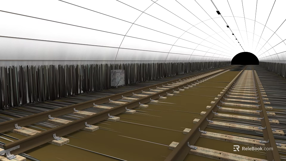 Railway Tunnel Interior Featuring Metal Walls Arched Ceiling And Rail Tracks 3d model 