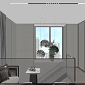 Elegant Modern Office Interior Design With Sofa Coffee Table Hanging Lights And Glass Railing