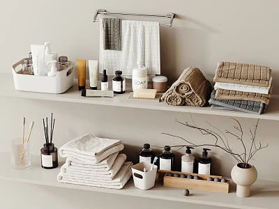 Organic Bath Essentials With Soft Towels Natural Skincare Bottles And Aromatherapy On Bathroom Shelves 3d model