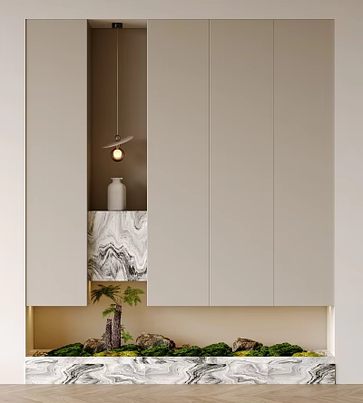 Modern Minimalist Entryway Cabinet With Side Cabinet Marble Panel Hanging Lamp And Plant Decoration 3d model