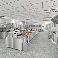 Commercial Catering Kitchen With White Cabinets Worktables Food Ingredients Stone Flooring And Ceiling Vents