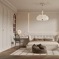 Elegant Modern Bedroom Interior With Beige King Bed Chandelier Rug And Wooden Floor
