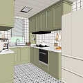 Modern Kitchen Interior With Light Green Cabinets White Tiled Walls And Countertops