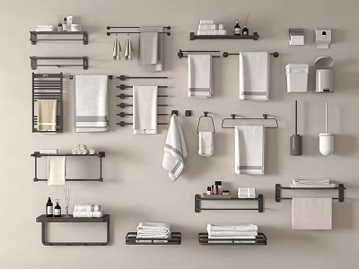 Stylish Essential Bathroom Accessories Including Towel Racks Shelves Towel Bars And Toilet Brushes 3d model
