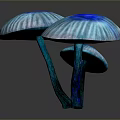 Bioluminescent Blue Mushrooms with Ruffled Edges Deep Blue Centers and Shiny Reflections on Dark Background