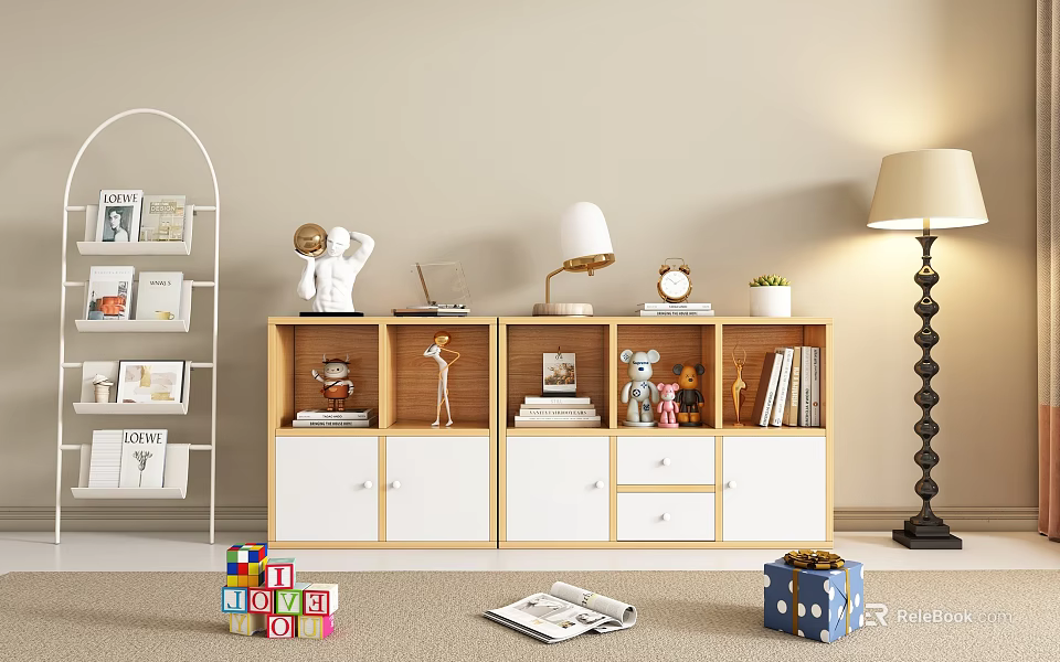 Decorative Ornament Combination On Wooden White Cabinet With Books Table Lamp Clock And Small Plant 3d model 