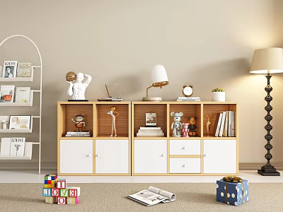 Decorative Ornament Combination On Wooden White Cabinet With Books Table Lamp Clock And Small Plant 3d model