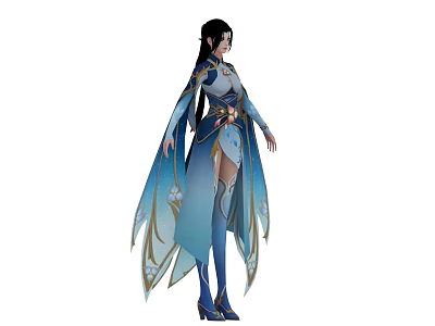 Game Movie Character in Blue White Outfit With Flowing Cape Golden Patterns Long Hair 3d model