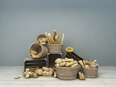 Assorted Fresh Breads in Woven Baskets and Wooden Crates on Wooden Table with Gray Background 3d model