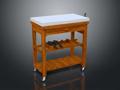 Commercial Equipment Wooden Mobile Cart With Wheels White Countertop Multiple Shelves And Tools Storage 3d model