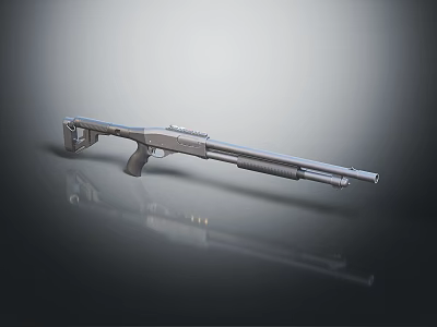 Modern Tactical Shotgun With Long Barrel And Metallic Finish On Reflective Surface 3d model